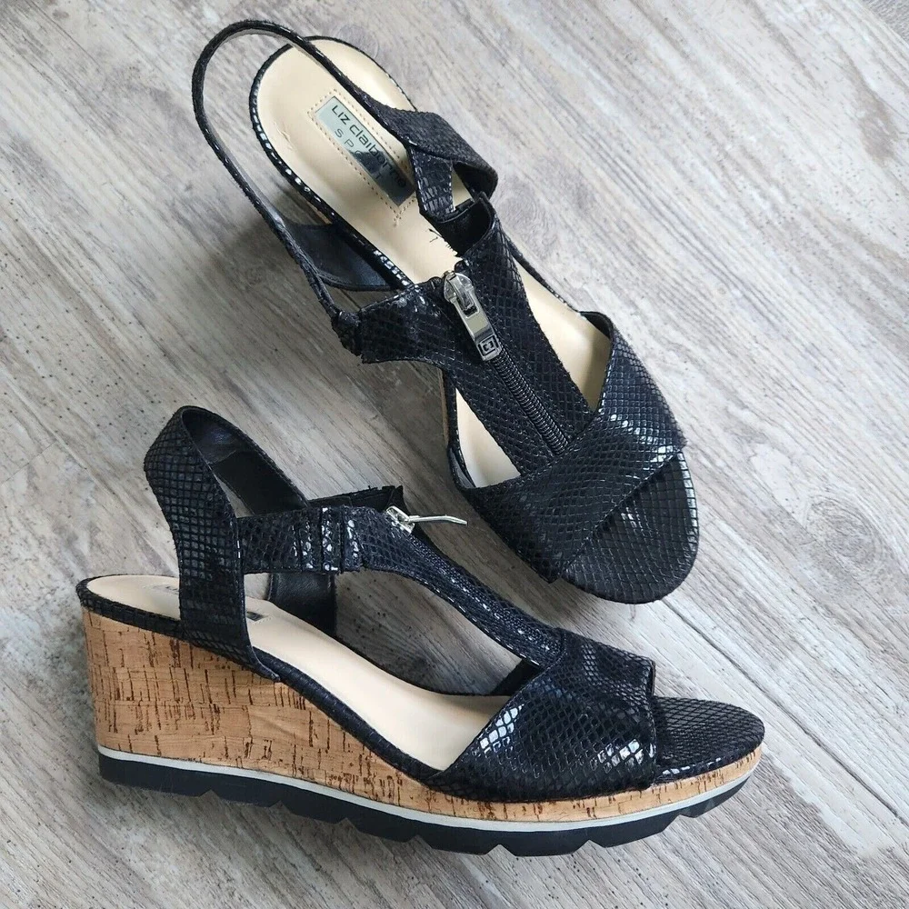 Liz Claiborne Sport Black Snakeskin Wedge Sandals Cork Heel Zip Womans Size 10
